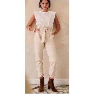 Sezane 38 Ivory Belted Cotton Jean High Waist Button Fly Maxime Ecru Trouser